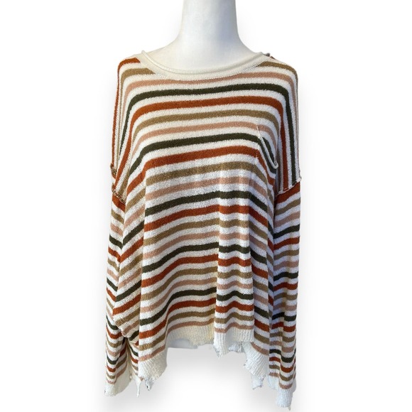 Peach Love Sweaters - Peach Love Striped Multicolor Knit Sweater with Distressed Raw Hem